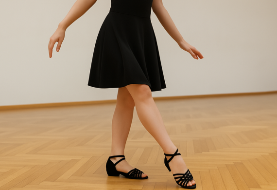 Eine Person in einem schwarzen Kleid und Tanzschuhen posiert anmutig auf einem Holzboden.